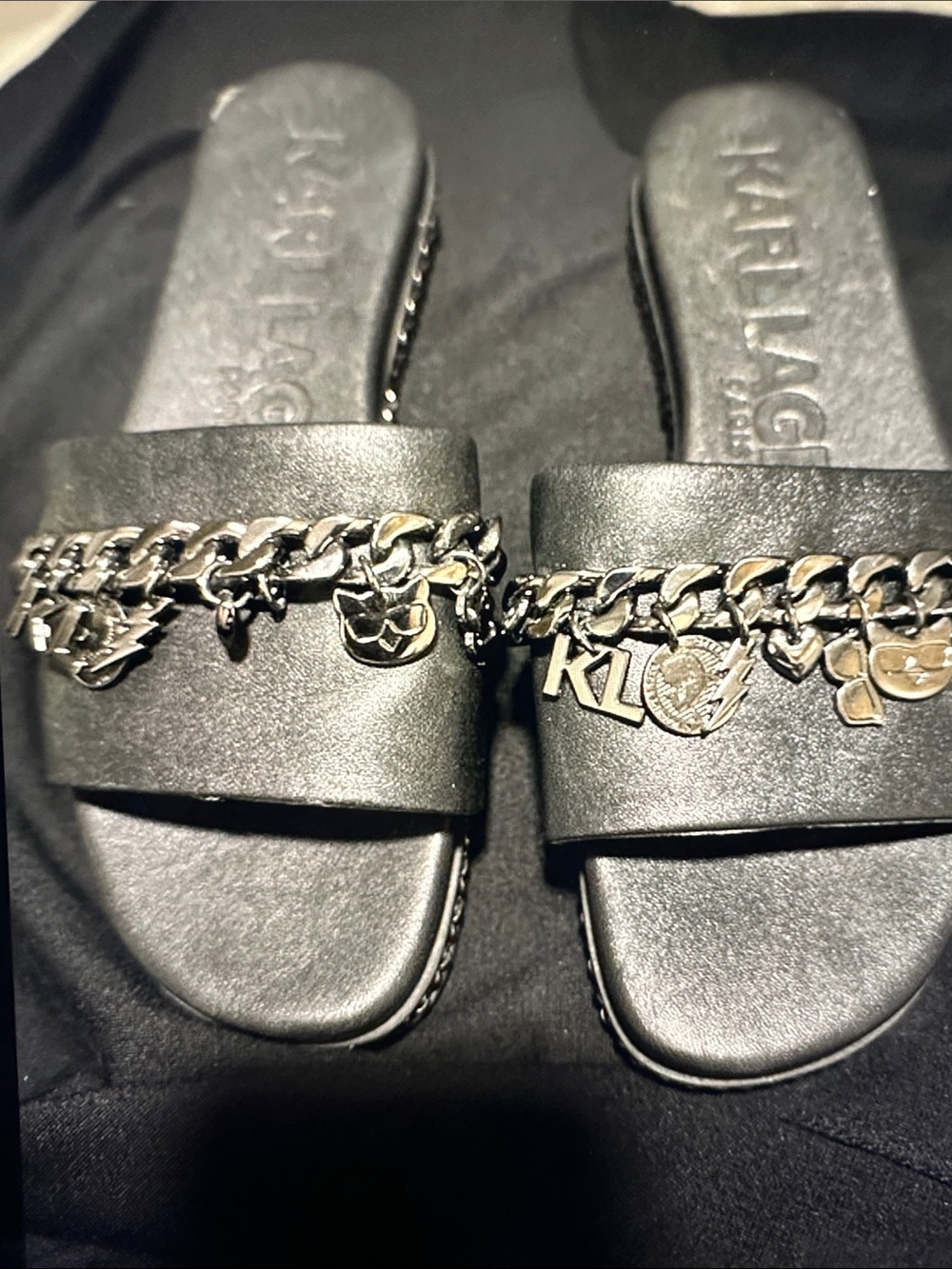 Karl Lagerfeld Black Leather Slides with Silver Charm Chain